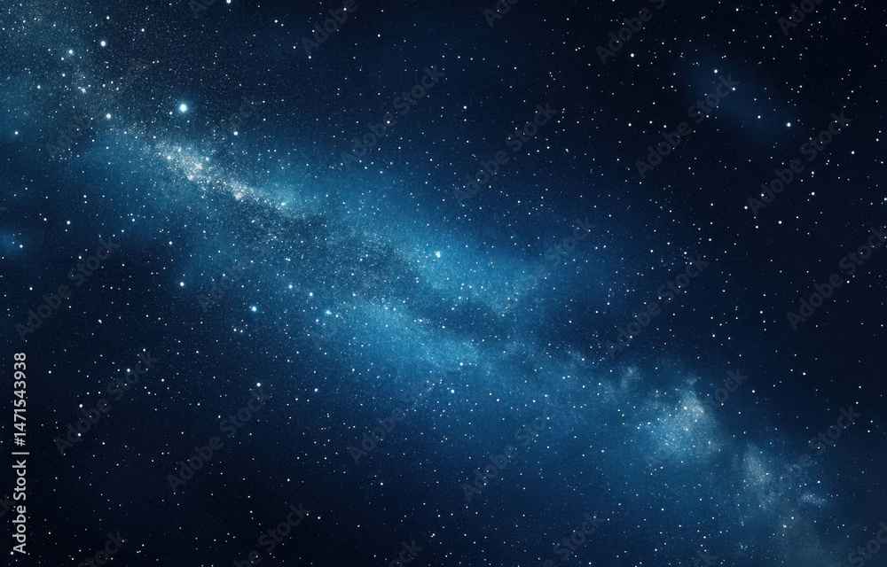 Poster a mesmerizing cosmic landscape showcasing a vibrant, blue nebula with countless stars scattered acro
