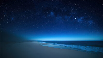 Fototapeta premium Serene night sky illuminated with stars over a calm ocean and sandy beach landscape