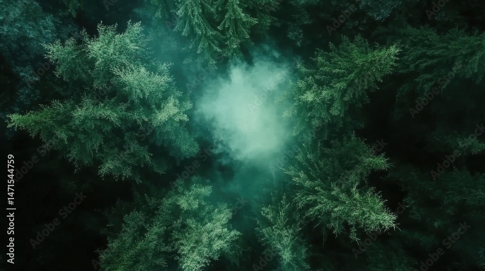 Fototapete aerial view of a misty, dark green forest with evergreen trees surrounding a central cloud of fog, c