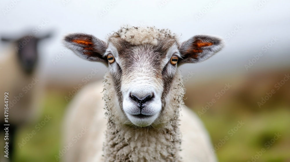 Poster close-up portrait of a curious sheep, gazing directly at the camera, with another sheep blurred in t