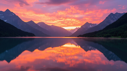 Beautiful sunrise over mountain range reflected on still lake water during golden hour