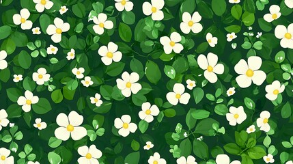 White Flowers Green Leaves Pattern.