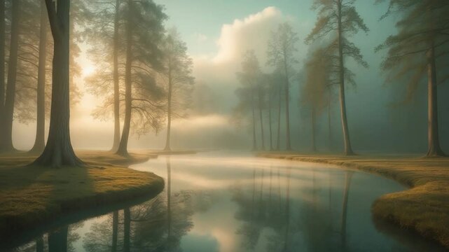 A cloudy morning tableau with trees bordering a lake. The fog instills a magical, ethereal environment.