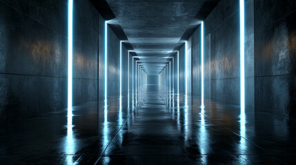 Dark corridor with blue neon lights reflecting on wet floor, creating a futuristic and mysterious atmosphere, showcasing a sense of depth and mystery