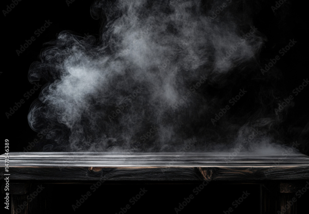 Poster dark wooden table with ethereal white smoke rising behind it, creating a mysterious and moody atmosp