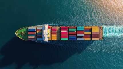 Aerial view of cargo ship with colorful containers, deep blue ocean, clear sky, organized logistics, clean top view, global shipping, commercial transport, banner, maritime freight, banner, sea, boat.