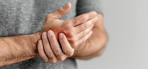 Fototapeta premium Man holding his injured wrist, showing redness and slight swelling. Close-up view of a male hand experiencing pain and discomfort. : Generative AI