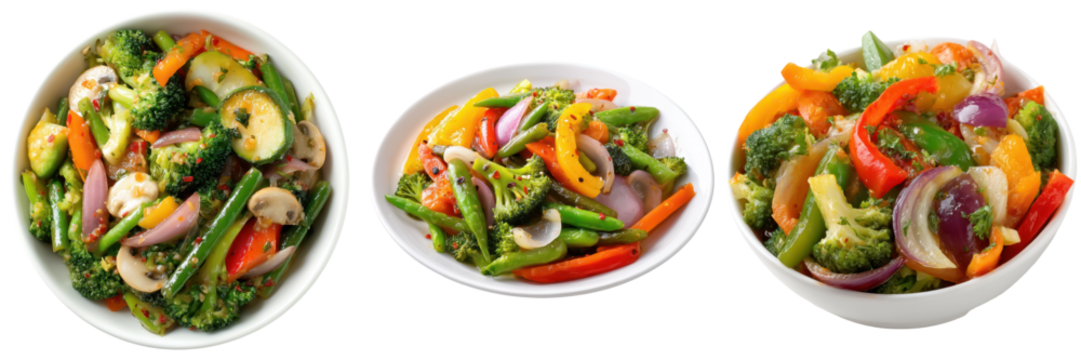 Vegetable Stir Fry, Colorful mixed vegetables sautÃƒÂ©ed in light sauce, Low Calorie Dish, isolated on white background