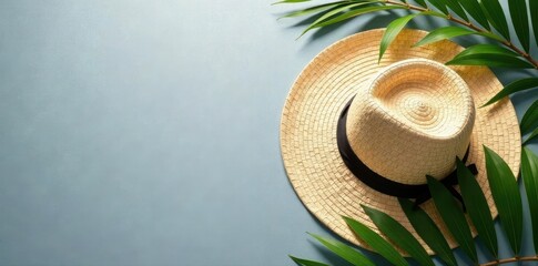 Palm leaves and straw hat summer composition on a gray surface , vacation, elegant, holiday