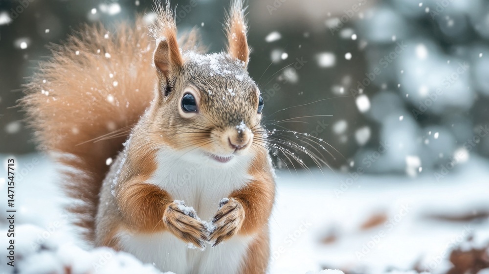 Poster adorable red squirrel covered in snowflakes, sitting in the snow during a winter snowfall, looking d