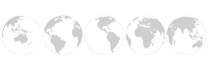World map in form ball with dots, Europe, Africa, Asia, America, Australia front view. Set icons flat globes with continents of all countries.