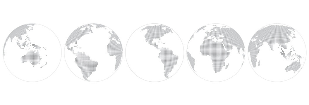 World map in form ball with dots, Europe, Africa, Asia, America, Australia front view. Set icons flat globes with continents of all countries.