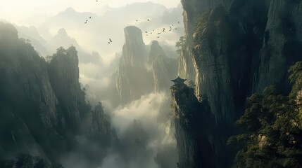 Serene mountain landscape shrouded in mist, featuring a pagoda and soaring cliffs.