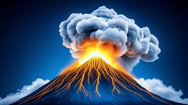 Fiery Volcanic Eruption with Dark Blue Sky and Smoke Plume 4K UHD video footage