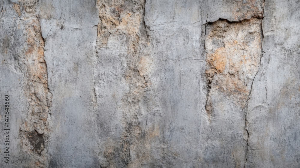 Poster a detailed texture image of a weathered, gray concrete wall with vertical cracks and patches of oran