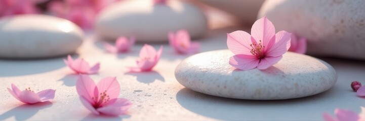 Soft pink sakura petals scattered on a polished stone, nestled amongst smooth white stones Peaceful scene , japanese, elegant, closeup