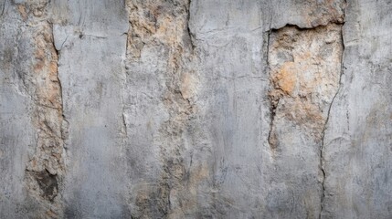 A detailed texture image of a weathered, gray concrete wall with vertical cracks and patches of orange discoloration, showing age and decay. : Generative AI