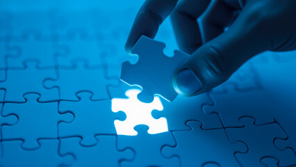Puzzle Piece Inserting Into Unfinished Jigsaw Creating Light Symbolizing Solutions