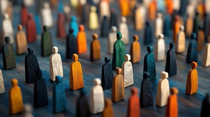 Wooden figures arranged in a vibrant pattern on a textured surface create a visual representation of community and diversity, highlighting contrasts in colors and shapes