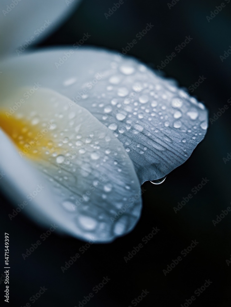 Poster closeup of a single, dew-covered white petal with a hint of yellow, showcasing the intricate texture
