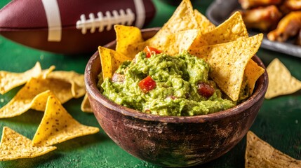 Delicious guacamole with tortilla chips served alongside a rugby ball creates a perfect snack setting for game day enthusiasts