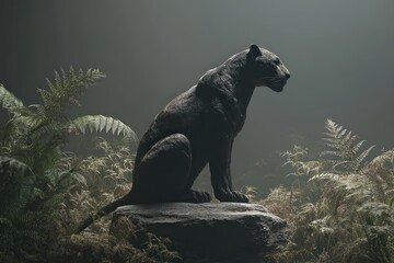 Obraz premium Dark panther seated on a rock in a misty jungle setting.