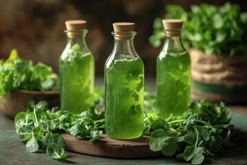 Fresh green vegetable drink in glass bottles