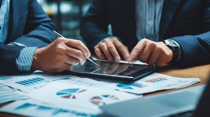 Business people advisor discussing investment and marketing strategies while analyzing data on tablet in modern office setting
