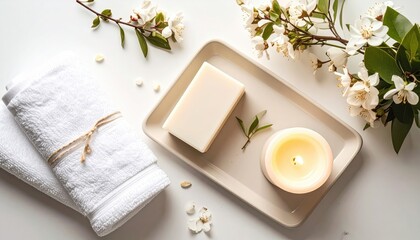 Relaxing spa day essentials natural soap soft towels and candles in a serene home environment