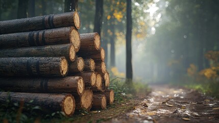 Wooden logs stacked by a winding forest path surrounded by tall trees and a hint of morning fog