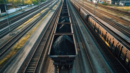 Fototapeta premium Aerial view side view long freight train transporting black coal, open wagons fully loaded, industrial railway tracks, bulk cargo, energy supply chain, commercial transport, export logistics, banner.