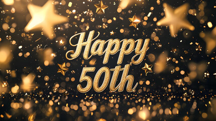 Happy 50th Anniversary Celebration Gold Glitter Stars Dark Background