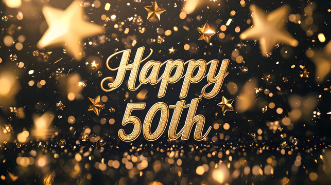 Happy 50th Anniversary Celebration Gold Glitter Stars Dark Background