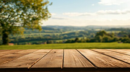 Fototapeta premium Beautiful wooden table set against a serene landscape during golden hour