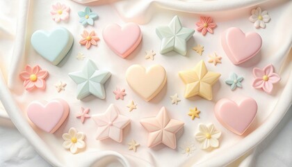Colorful heart and star-shaped macarons display dessert table food photography soft pastel colors top view sweet treats