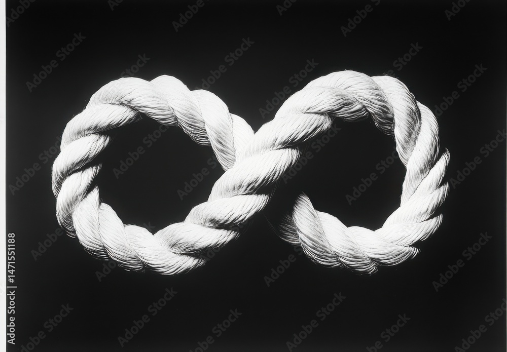 Aufkleber a thick, white rope is intricately woven into the shape of an infinity symbol, set against a stark b