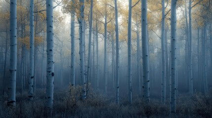 A serene forest scene with aspen trees and autumn leaves in a misty atmosphere.