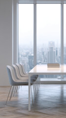 Fototapeta premium Modern office interior, featuring a white table, light gray chairs, and a city view from large windows. Showcase of minimalist workspace design