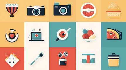 Flat Icons Food with Travel, and Hobbies.