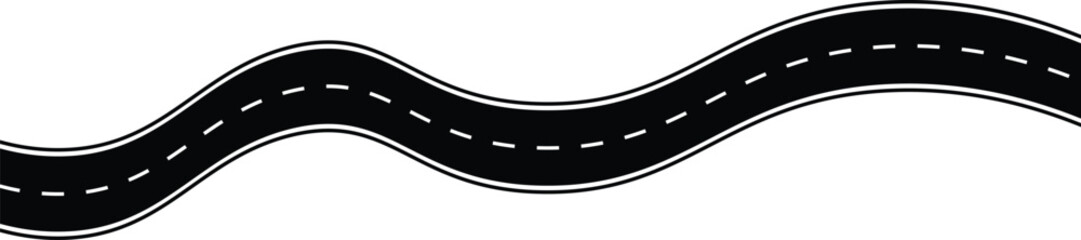 Winding road illustration with dashed line. Wavy winding curves roads. Traffic curved highway. Horizontal asphalt road template. Winding road.