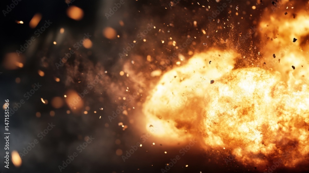 Leinwandbilder fiery explosion with incandescent orange and yellow flames, dark smoke, and debris particles scatter