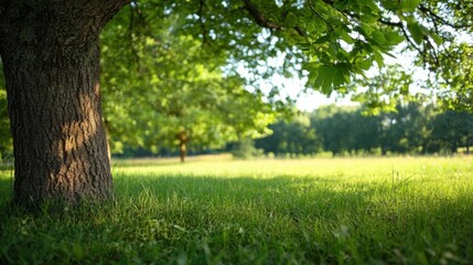 Obraz premium Sunlight filters through lush green leaves of a large oak tree, illuminating a grassy meadow in a tranquil park setting. : Generative AI