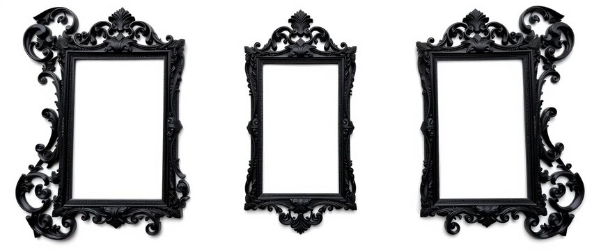 Antique baroque black wooden rectangular picture frames, Halloween spooky horror design, isolated on white, vintage, collection