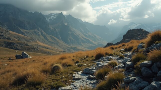 Sierra de Enguera (Spain) under cloudy midday skies, viewed from above with rugged terrain and muted tones.