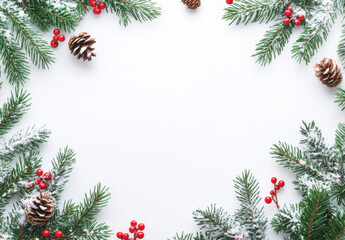 Snowy fir branches, pine cones, and red berries create a festive winter frame on a white background, perfect for holiday cards or invitations. : Generative AI