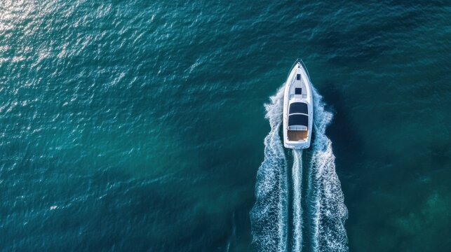 Aerial view of a luxury motorboat cruising on a teal ocean, leaving a white wake trail behind it.  The boat is white with a dark sunshade. : Generative AI