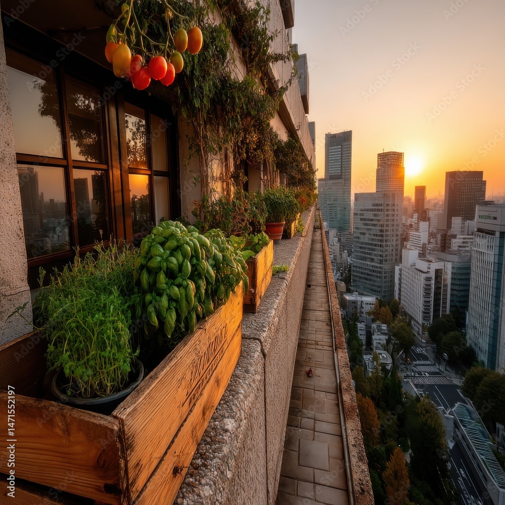 Poster sunset view from a rooftop garden in tokyo, featuring herbs and tomatoes growing in wooden crates, o