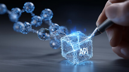 Stylized blue glowing cube labeled "API" formed by interconnected nodes, seemingly drawn by a stylus, represents digital connection and technological innovation