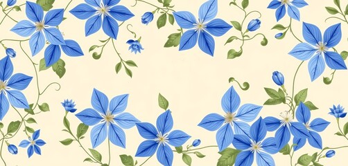 Fototapeta premium Elegant blue clematis floral vector pattern on beige background , art, stylish