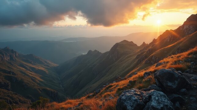Cloudy dawn aerial view of the rugged Sierra de Enguera mountains.